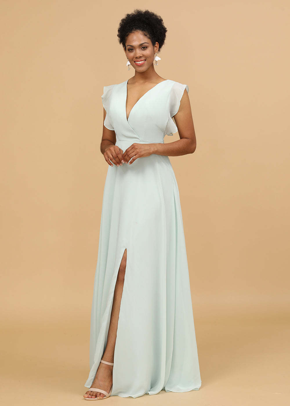 V-neck Ruffles Cap Sleeve Chiffon Bridesmaid Dress