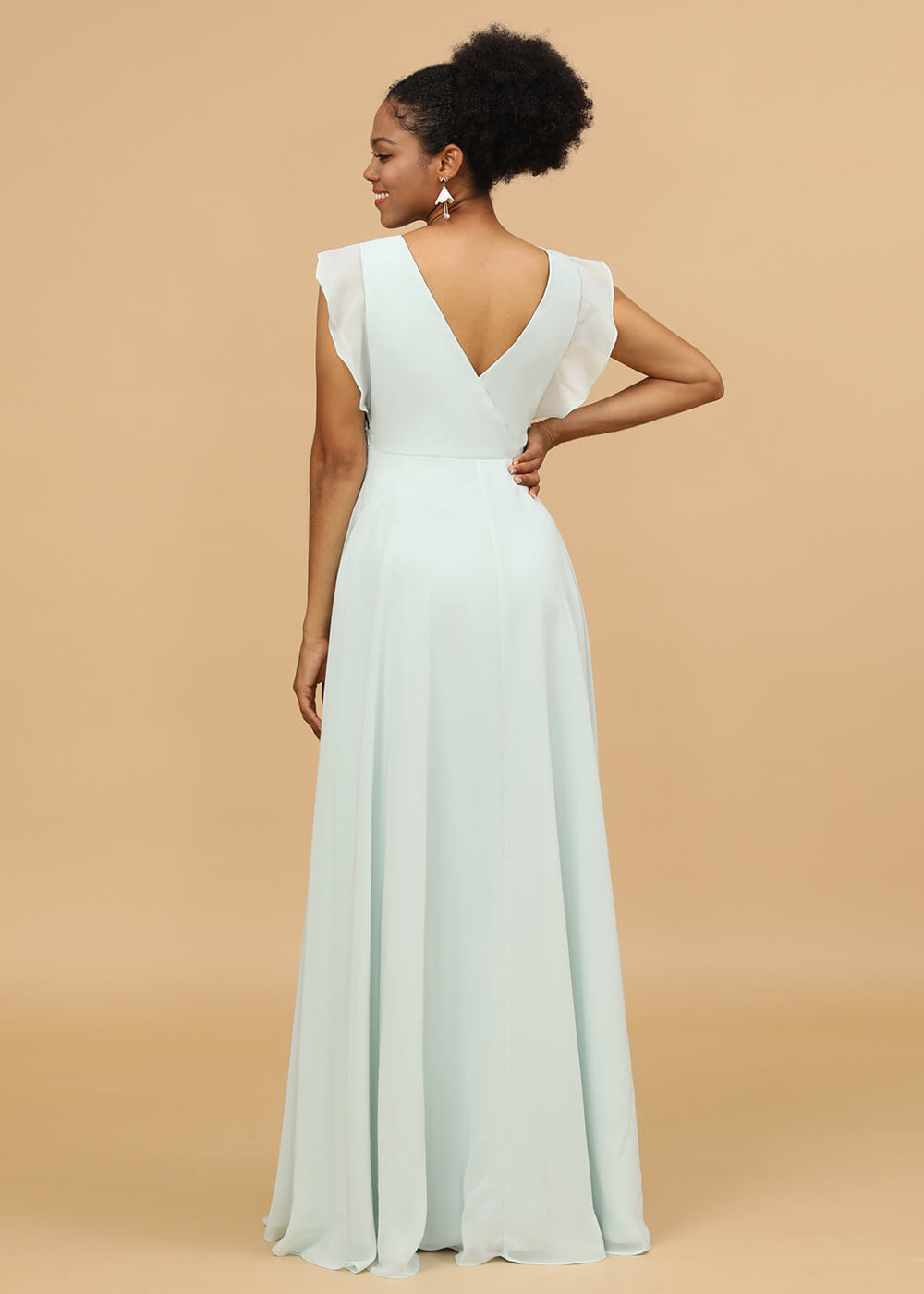 V-neck Ruffles Cap Sleeve Chiffon Bridesmaid Dress