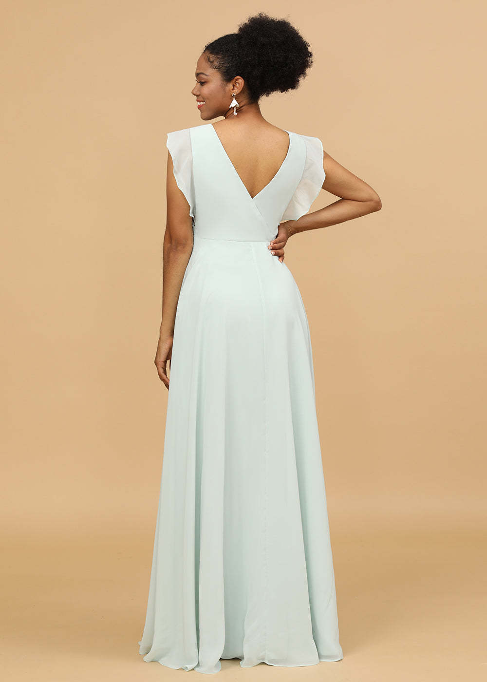V-neck Ruffles Cap Sleeve Chiffon Bridesmaid Dress