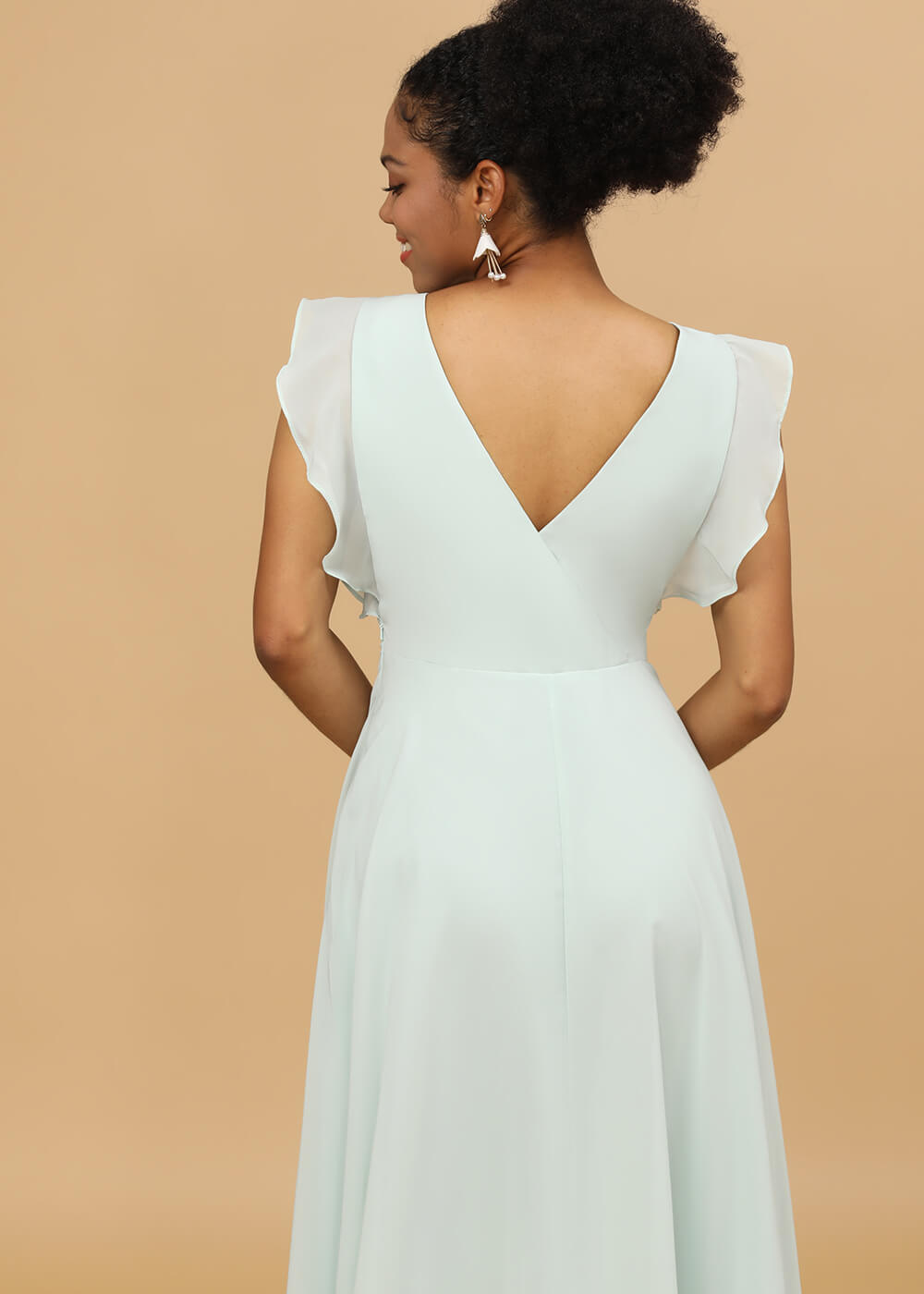 V-neck Ruffles Cap Sleeve Chiffon Bridesmaid Dress