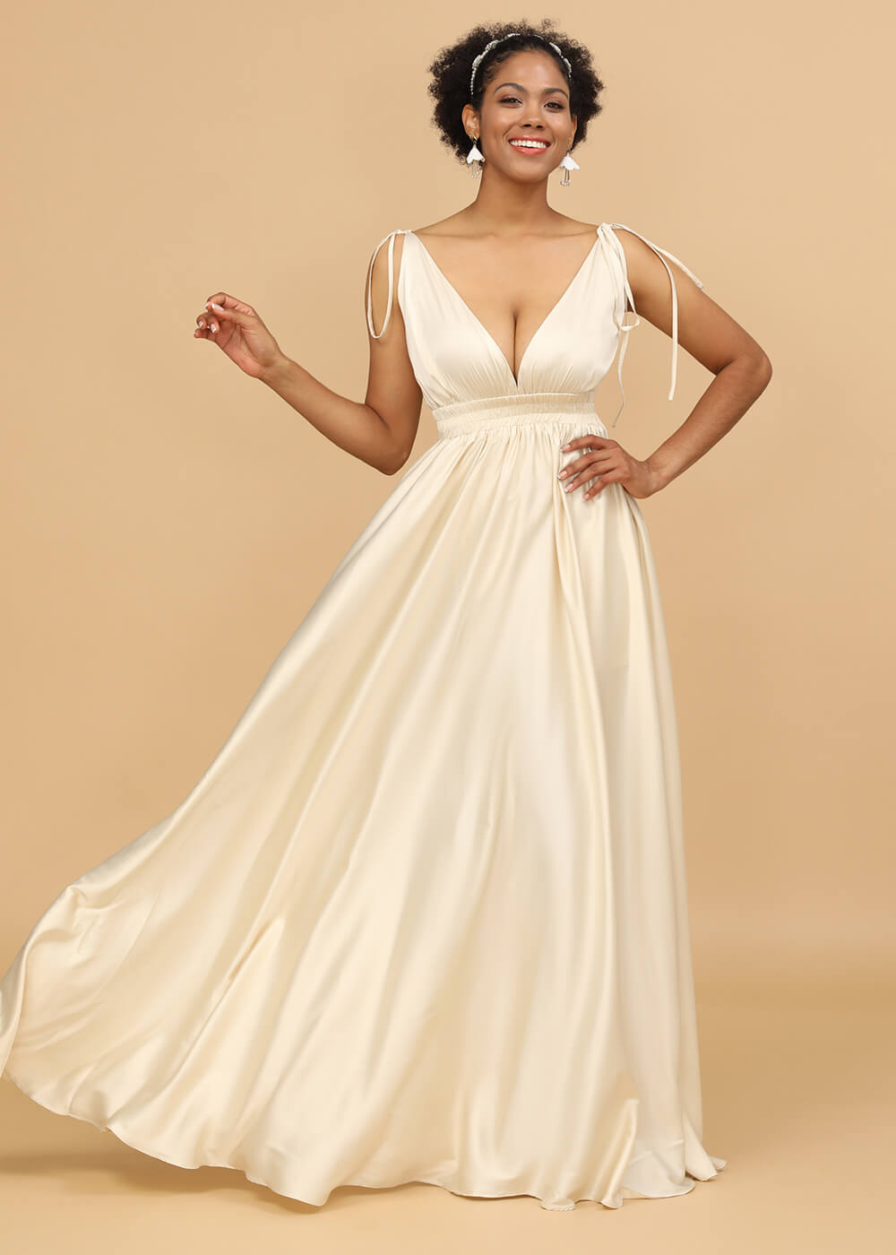 A-line Deep V-neck Strap Satin Bridesmaid Dress