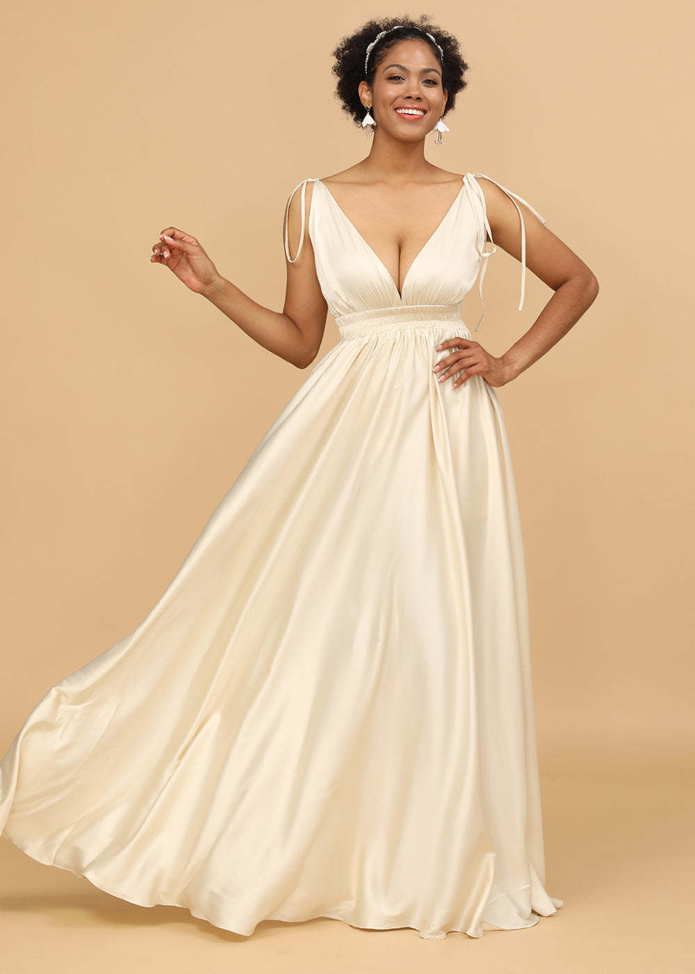A-line Deep V-neck Adjustable Strap V-back Long Satin Bridesmaid Dress