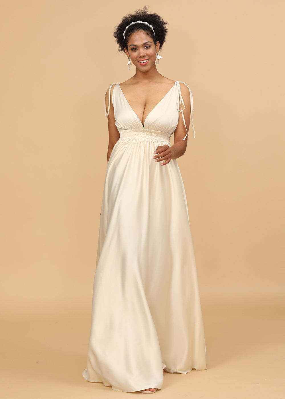 A-line Deep V-neck Strap Satin Bridesmaid Dress
