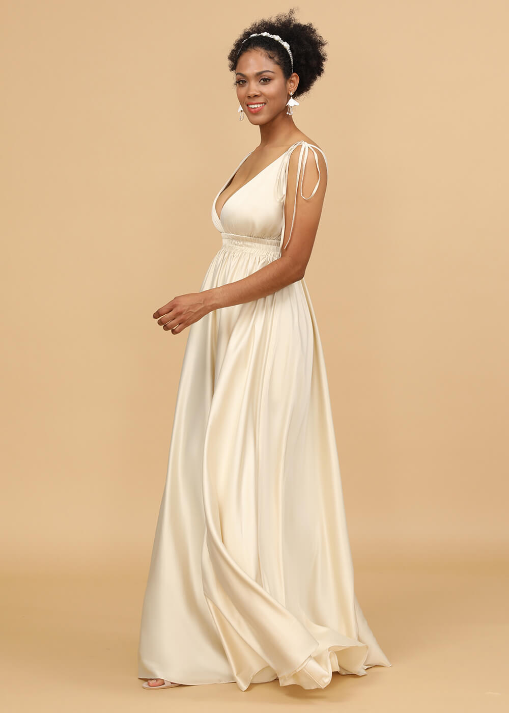 A-line Deep V-neck Strap Satin Bridesmaid Dress