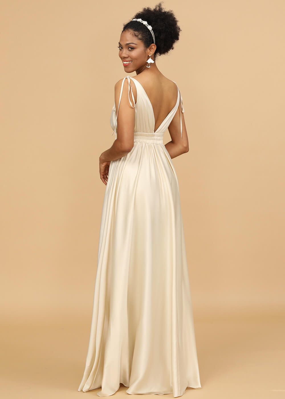 A-line Deep V-neck Strap Satin Bridesmaid Dress