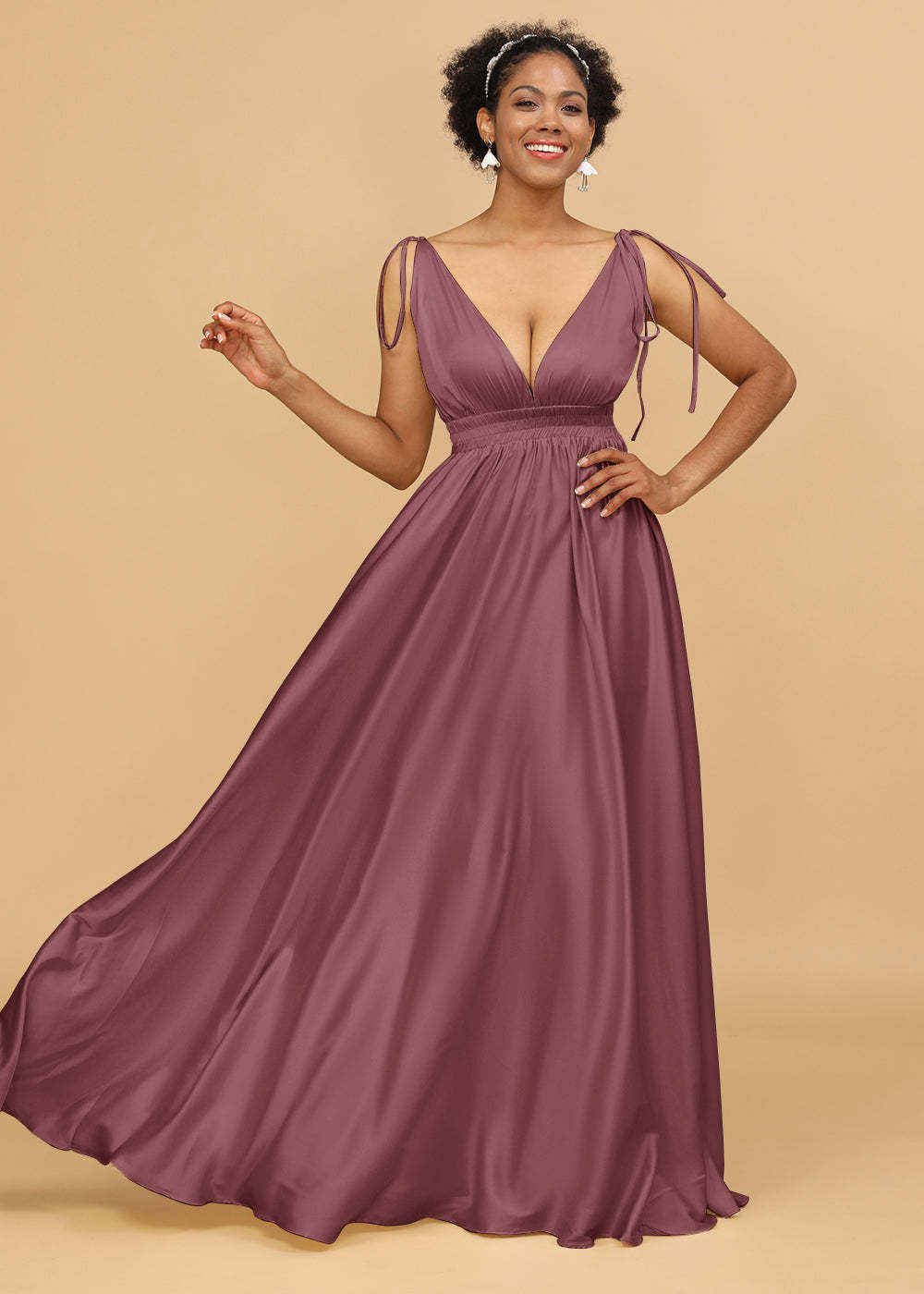 A-line Deep V-neck Strap Satin Bridesmaid Dress