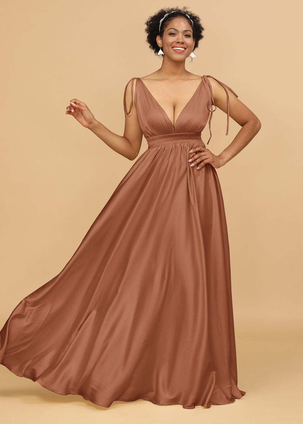 A-line Deep V-neck Strap Satin Bridesmaid Dress