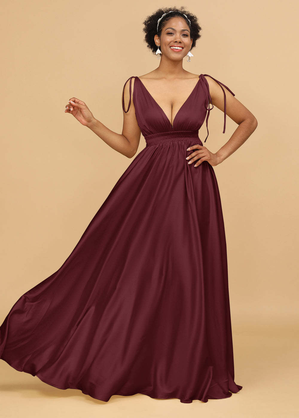A-line Deep V-neck Strap Satin Bridesmaid Dress