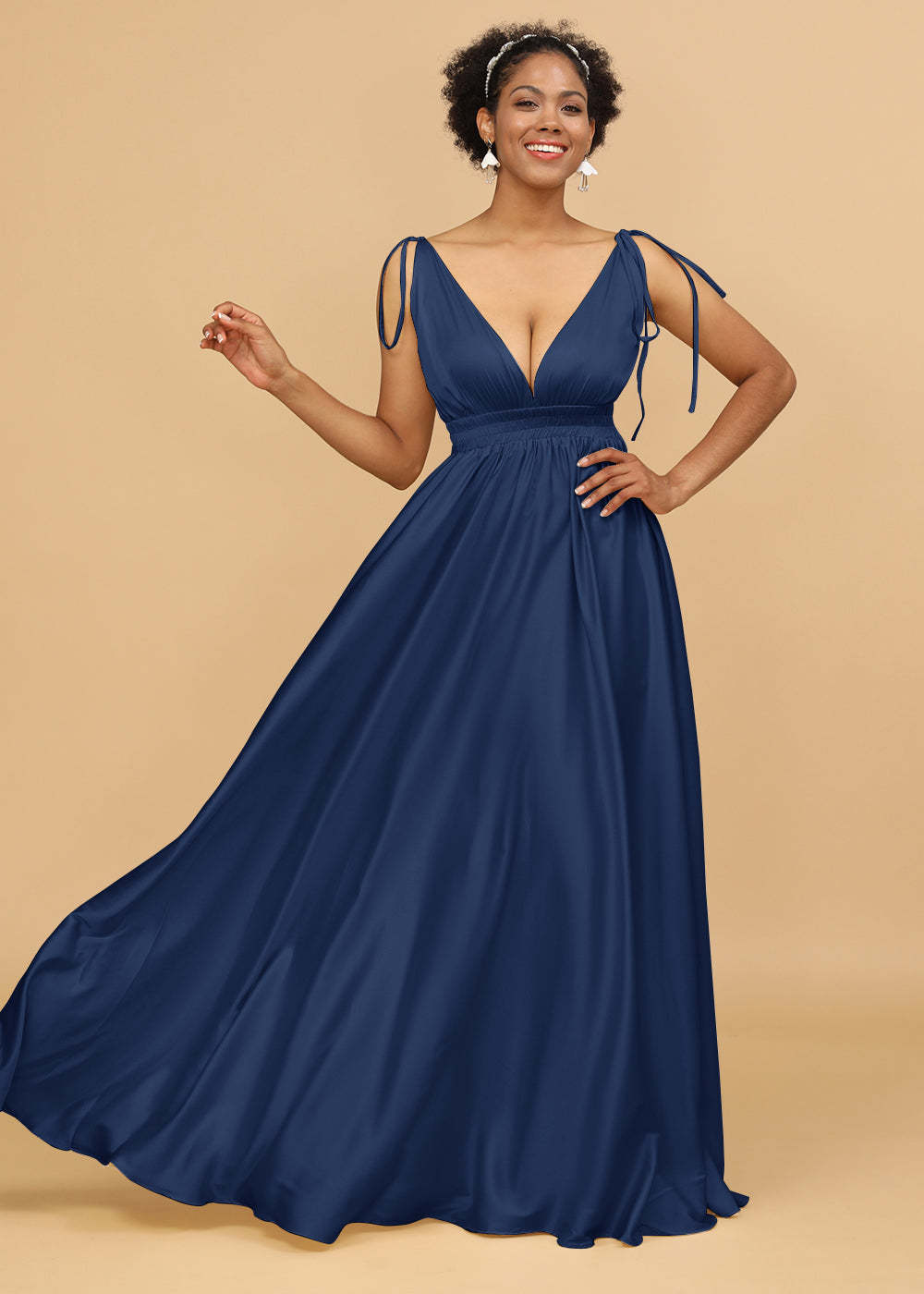 A-line Deep V-neck Strap Satin Bridesmaid Dress