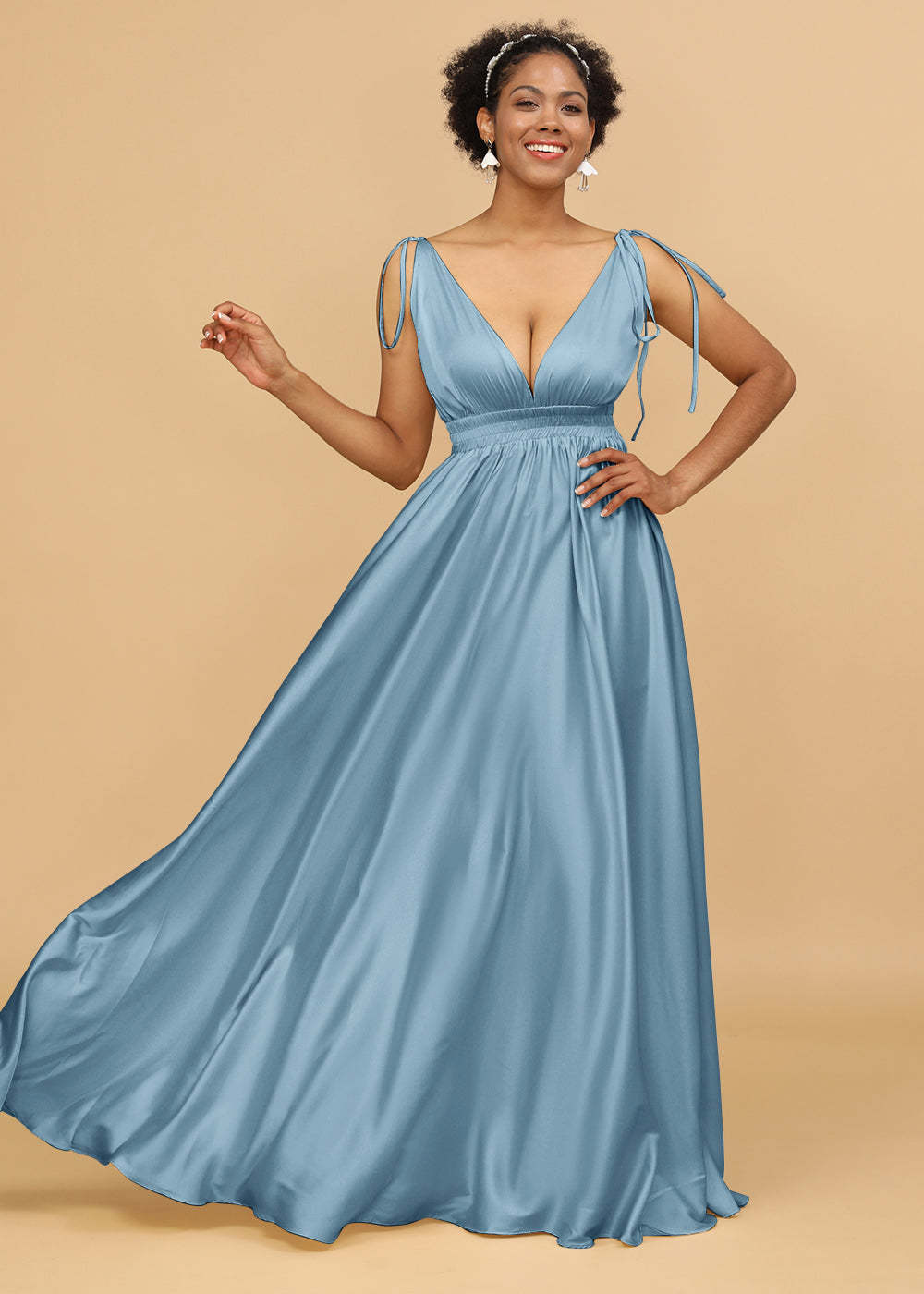 A-line Deep V-neck Strap Satin Bridesmaid Dress