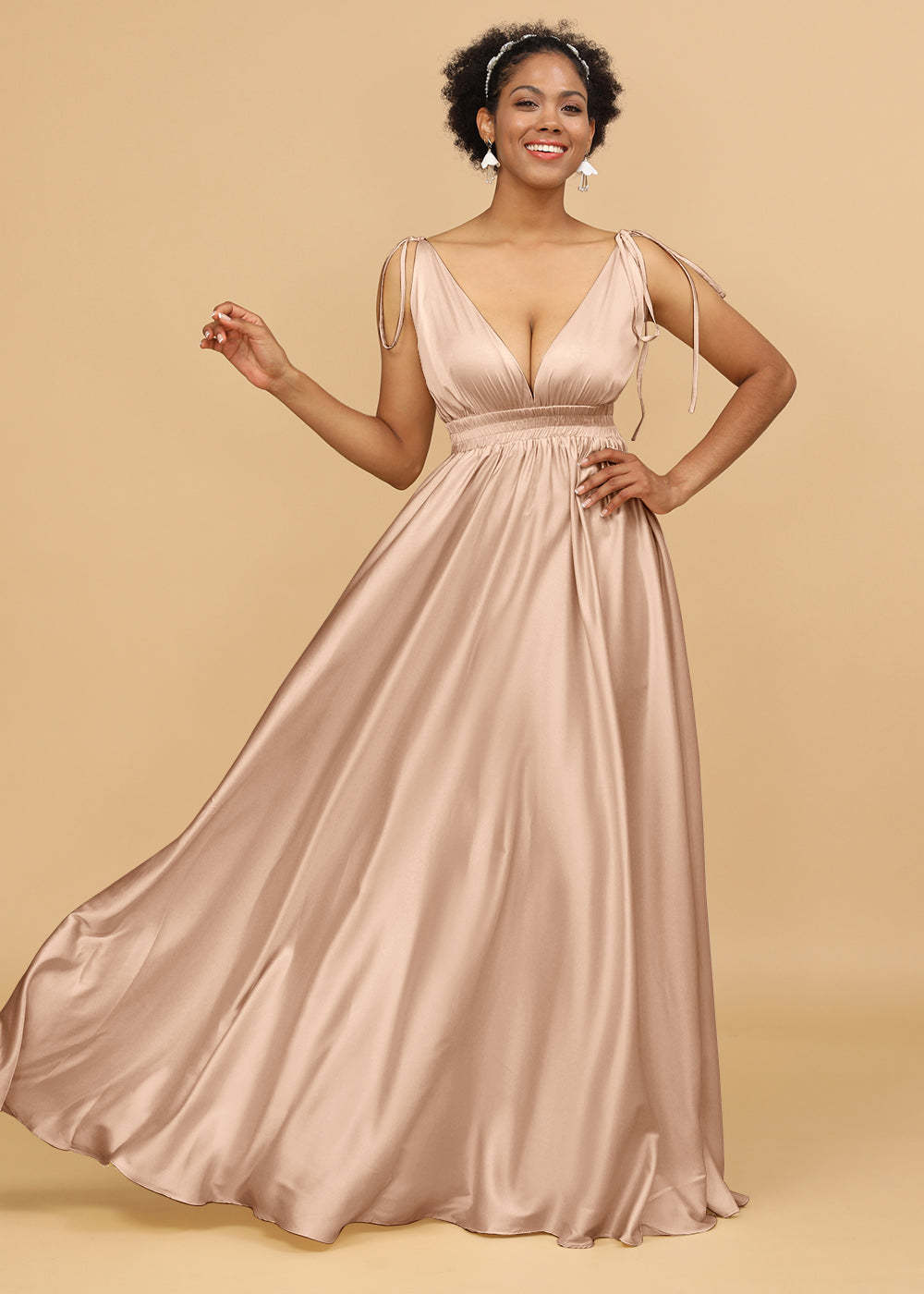 A-line Deep V-neck Strap Satin Bridesmaid Dress