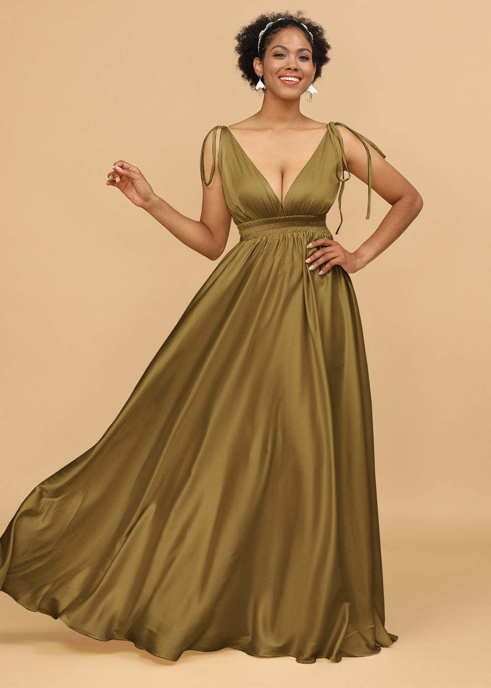 A-line Deep V-neck Strap Satin Bridesmaid Dress