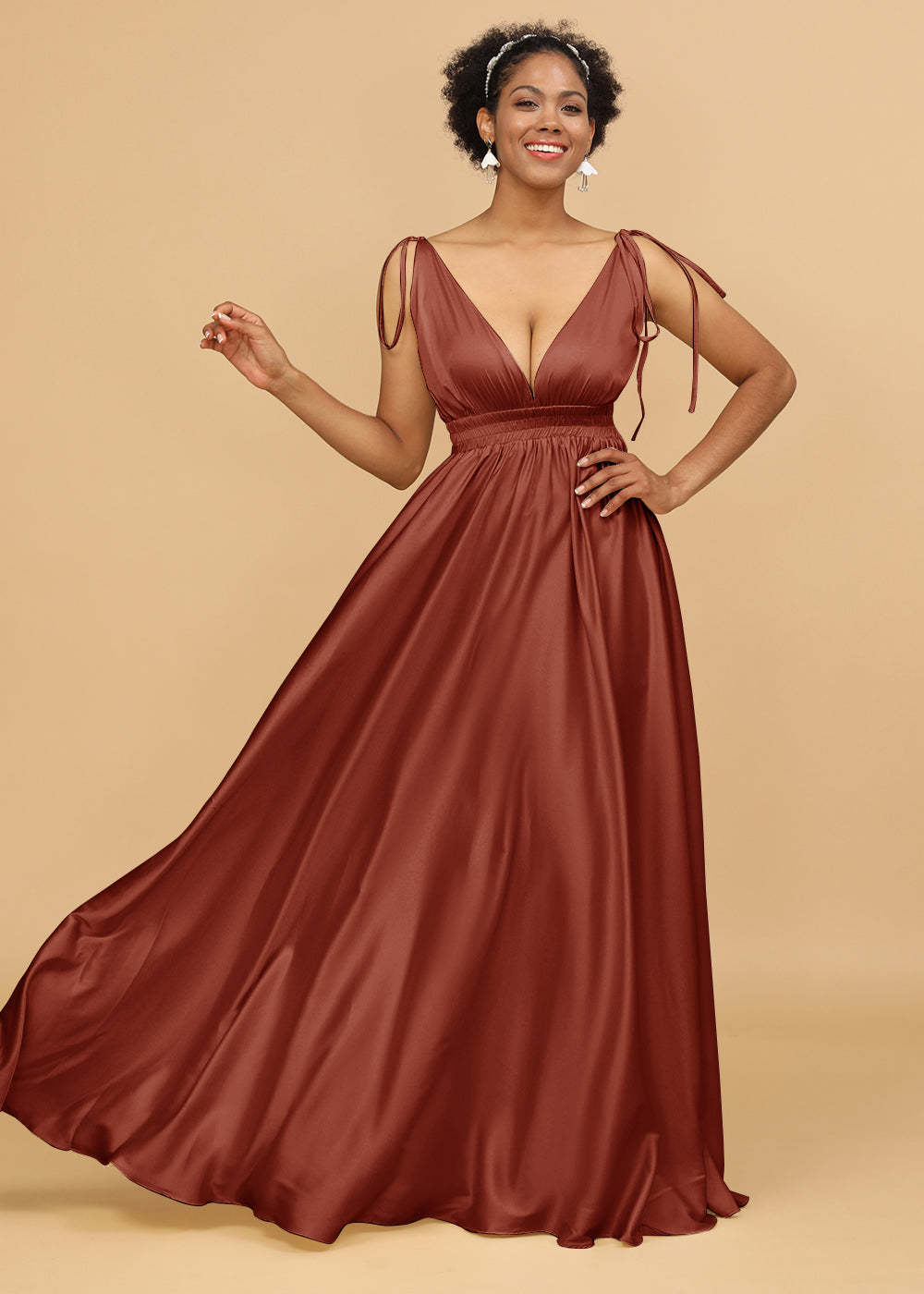 A-line Deep V-neck Strap Satin Bridesmaid Dress