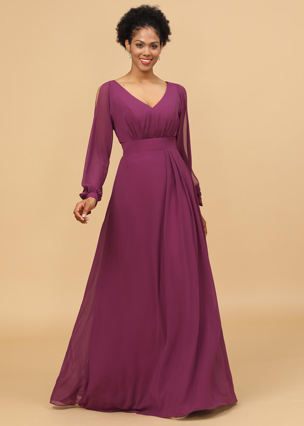 Long Sleeves A-line Chiffon Bridesmaid Dress