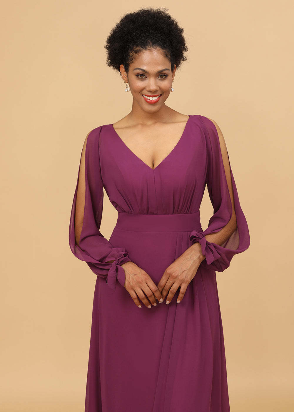 Long Sleeves A-line Chiffon Bridesmaid Dress