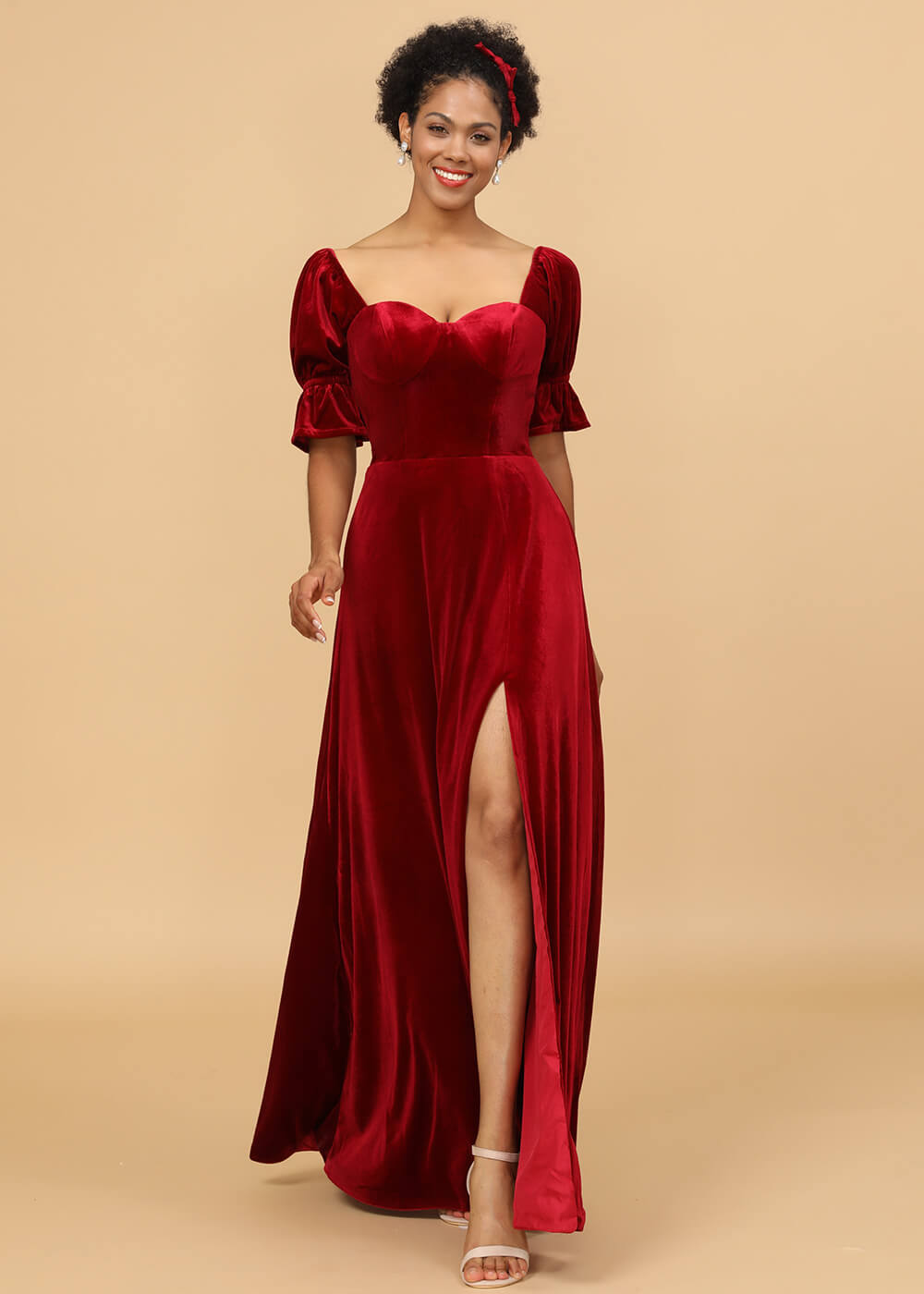 Short Sleeves A-line Velvet Bridesmaid Dress with Sllit