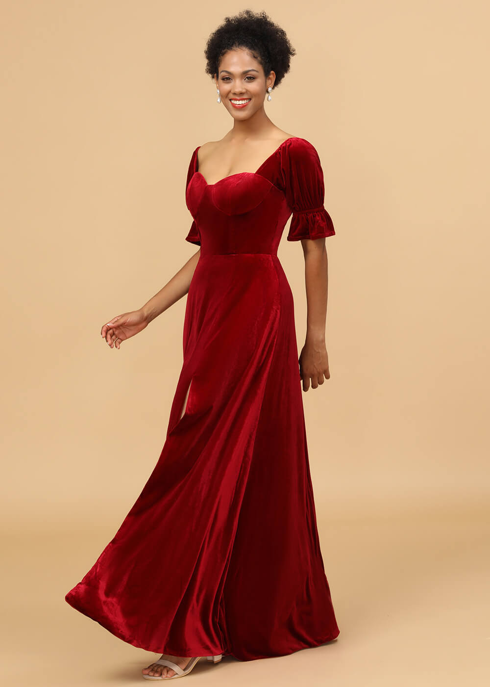 Short Sleeves A-line Velvet Bridesmaid Dress with Sllit