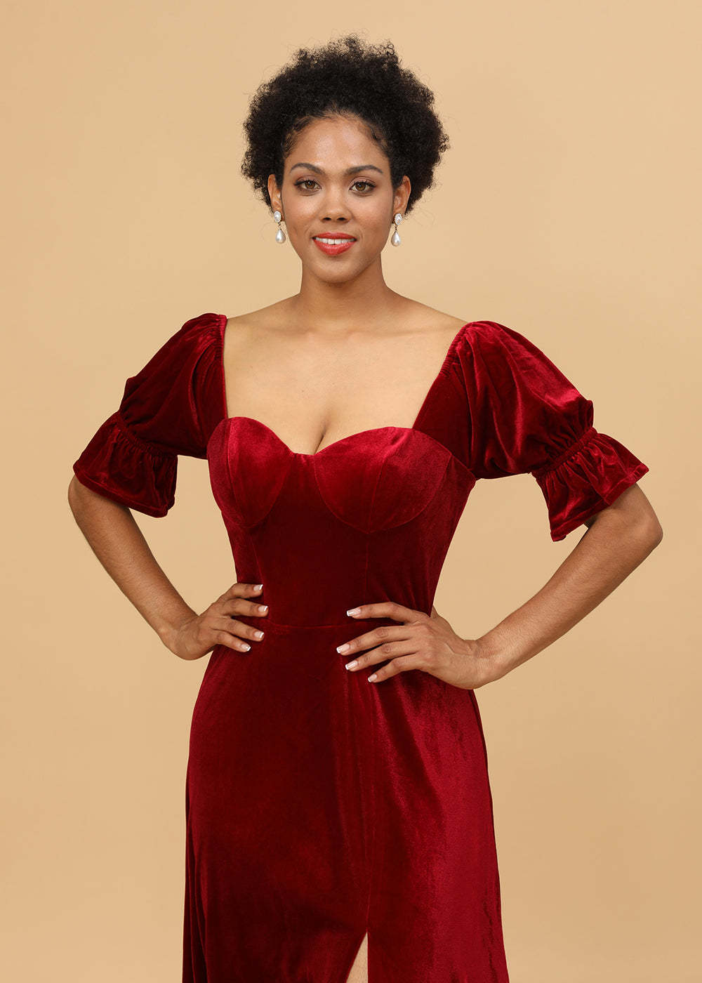 Short Sleeves A-line Velvet Bridesmaid Dress with Sllit