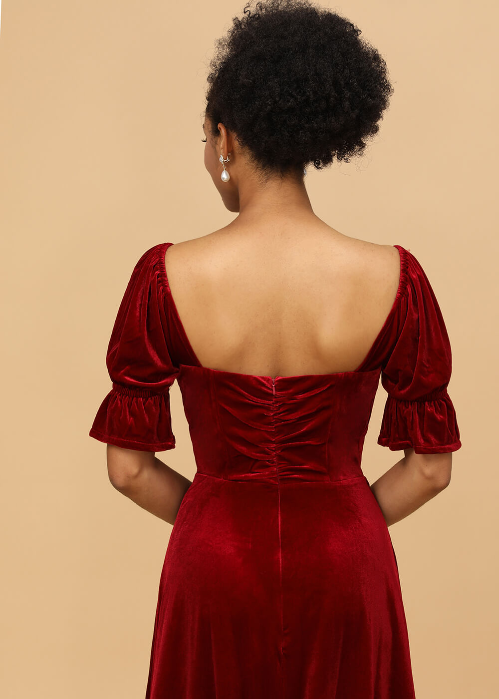 Short Sleeves A-line Velvet Bridesmaid Dress with Sllit