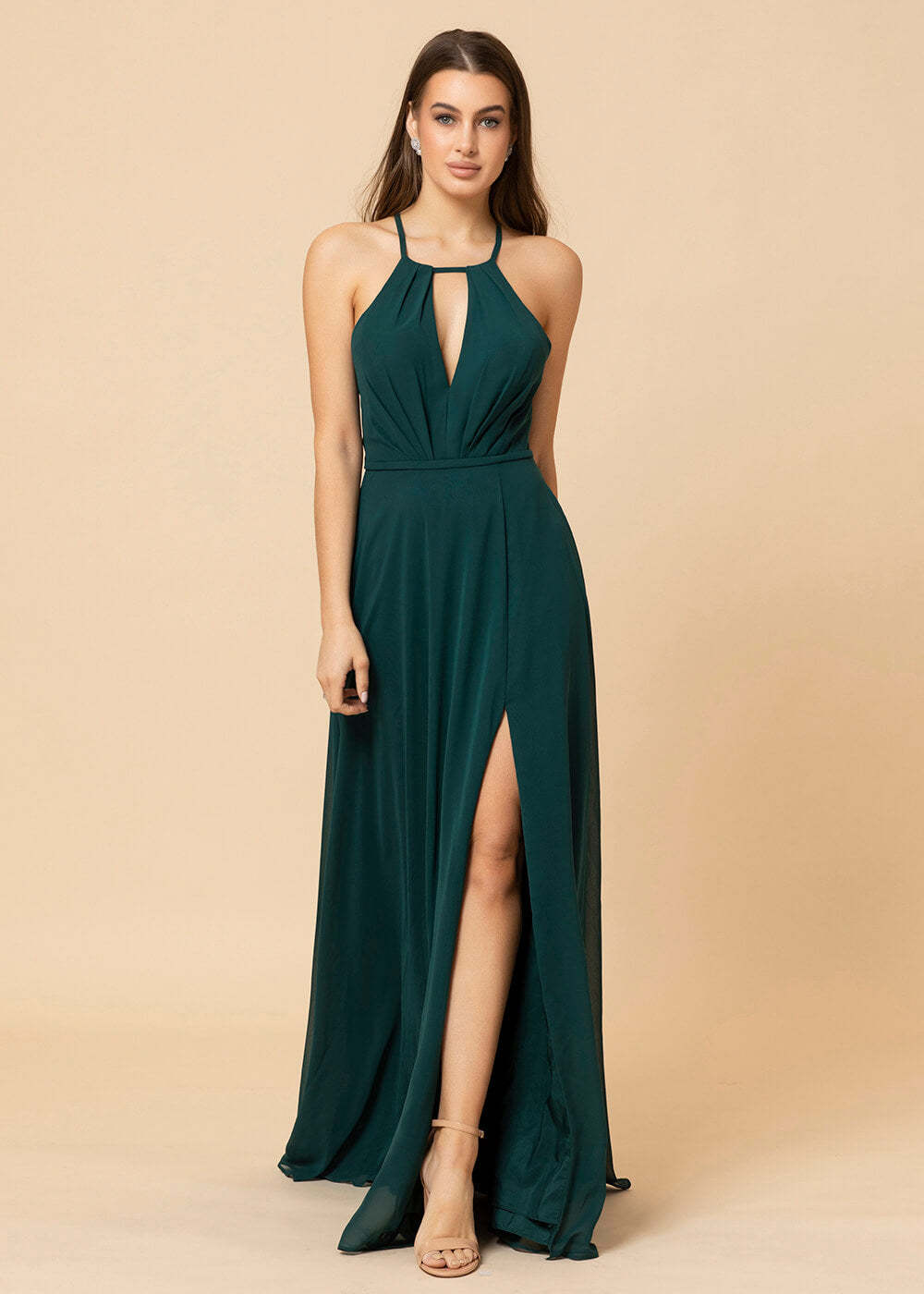 Halter Neck Chiffon Floor Length Bridesmaid Dress With Split