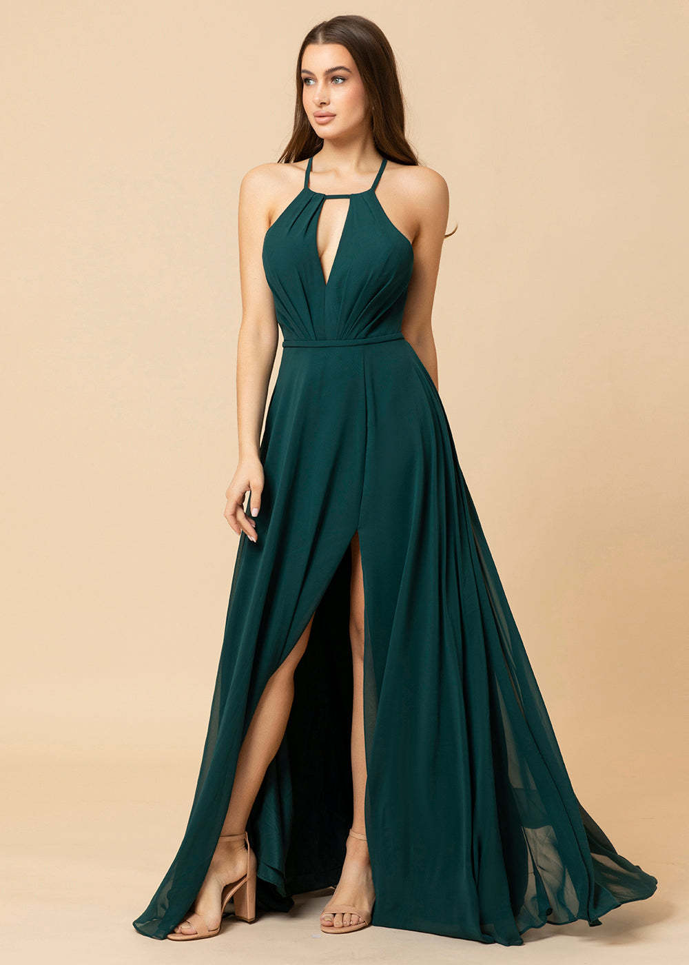 Halter Neck Chiffon Floor Length Bridesmaid Dress