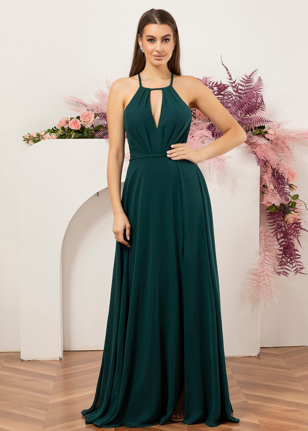 Halter Neck Chiffon Floor Length Bridesmaid Dress