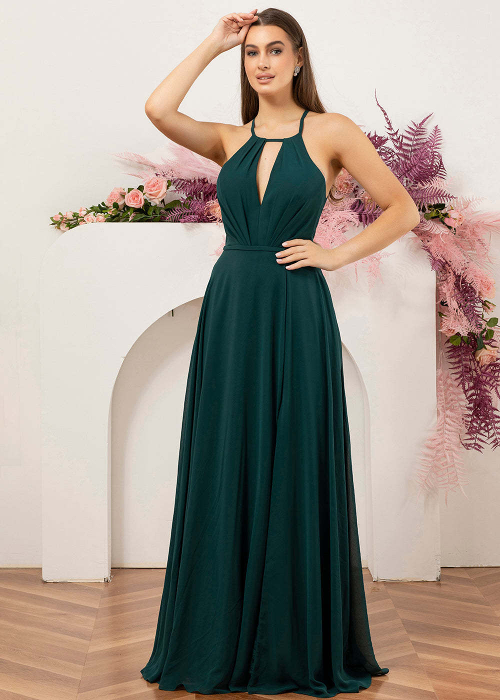 Halter Neck Chiffon Floor Length Bridesmaid Dress