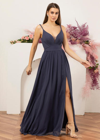 Deep V-neck Strap Chiffon Floor Length Bridesmaid Dress