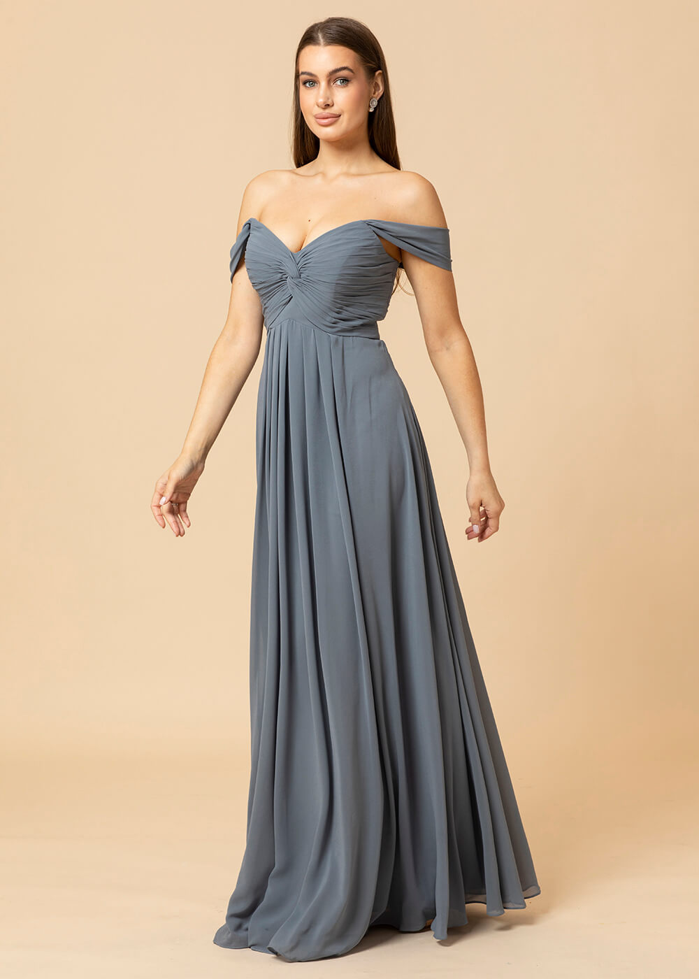Off the Shoulder Chiffon Maxi Bridesmaid Dress