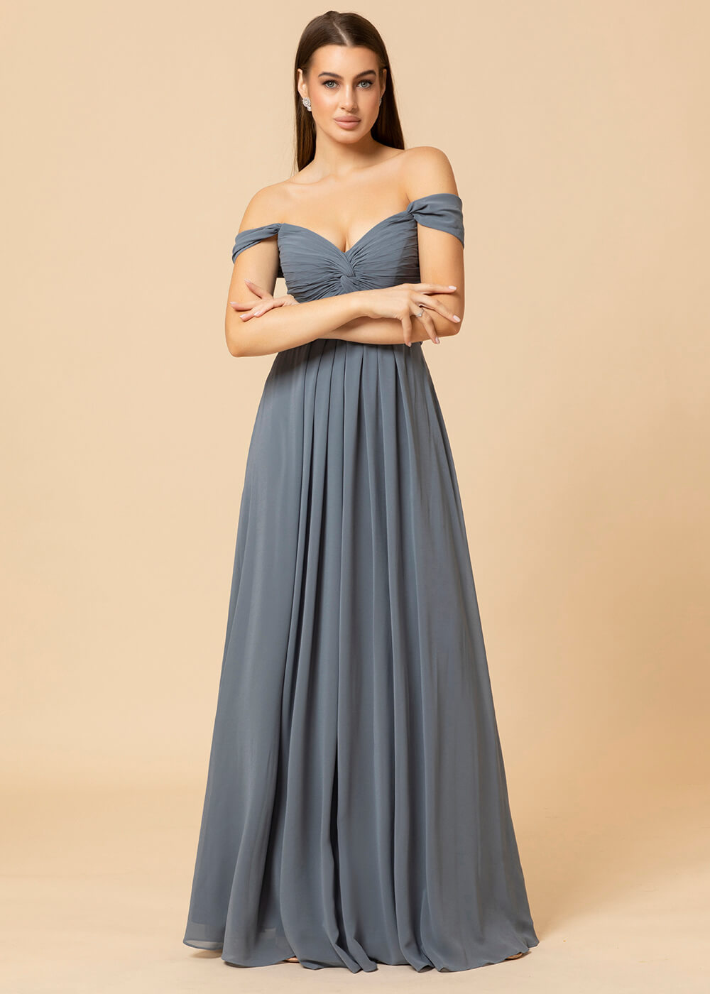 Off the Shoulder Chiffon Maxi Bridesmaid Dress