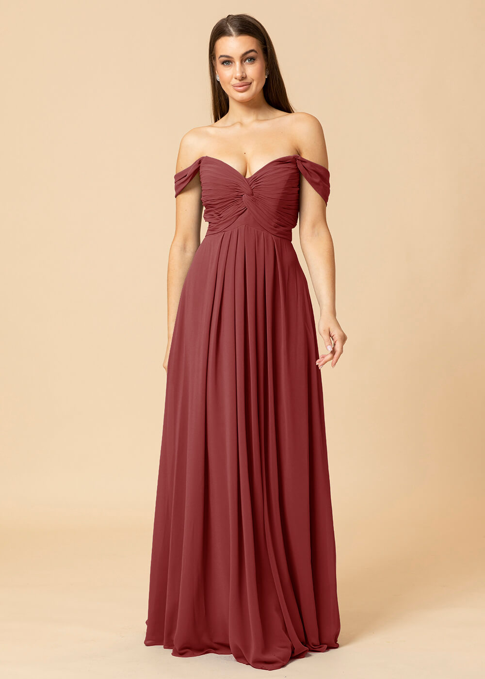 Off the Shoulder Chiffon Maxi Bridesmaid Dress