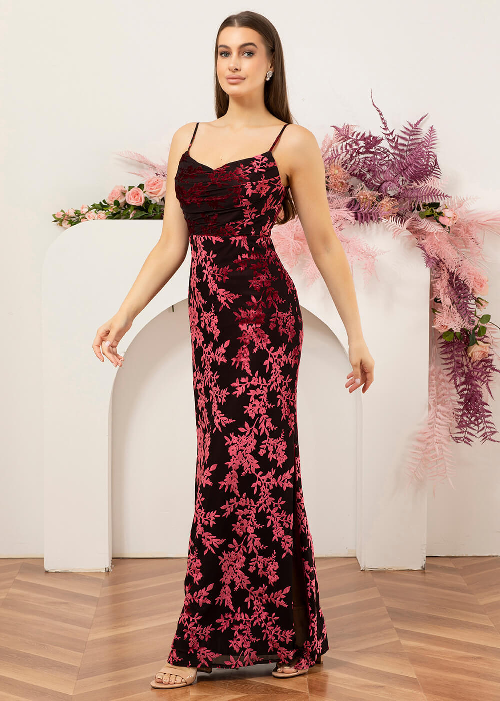 Sheath Strap Printed Velvet Long Bridesmaid Dress