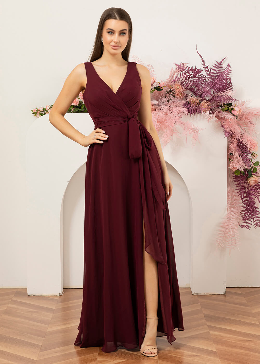 V-neck A-line Chiffon Bridesmaid Dress with Slit