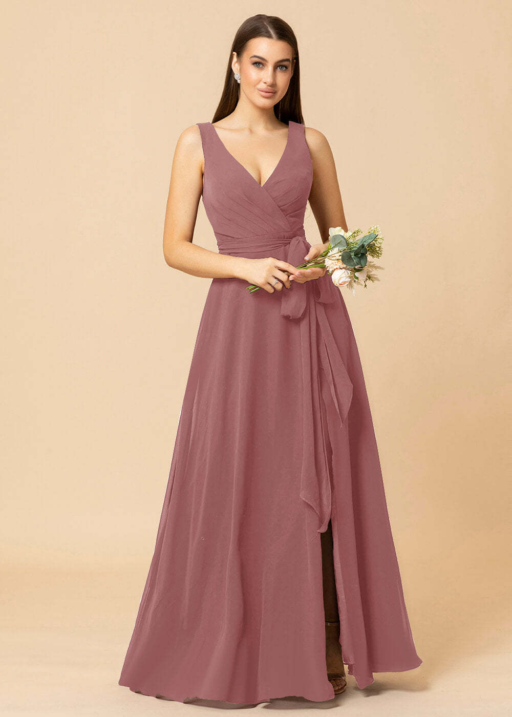 V-neck A-line Chiffon Bridesmaid Dress with Slit