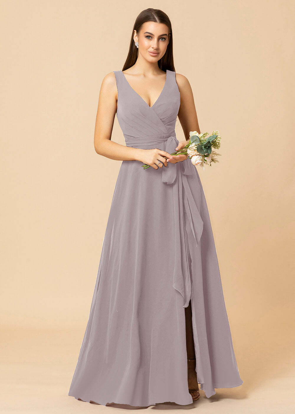 V-neck A-line Chiffon Bridesmaid Dress with Slit
