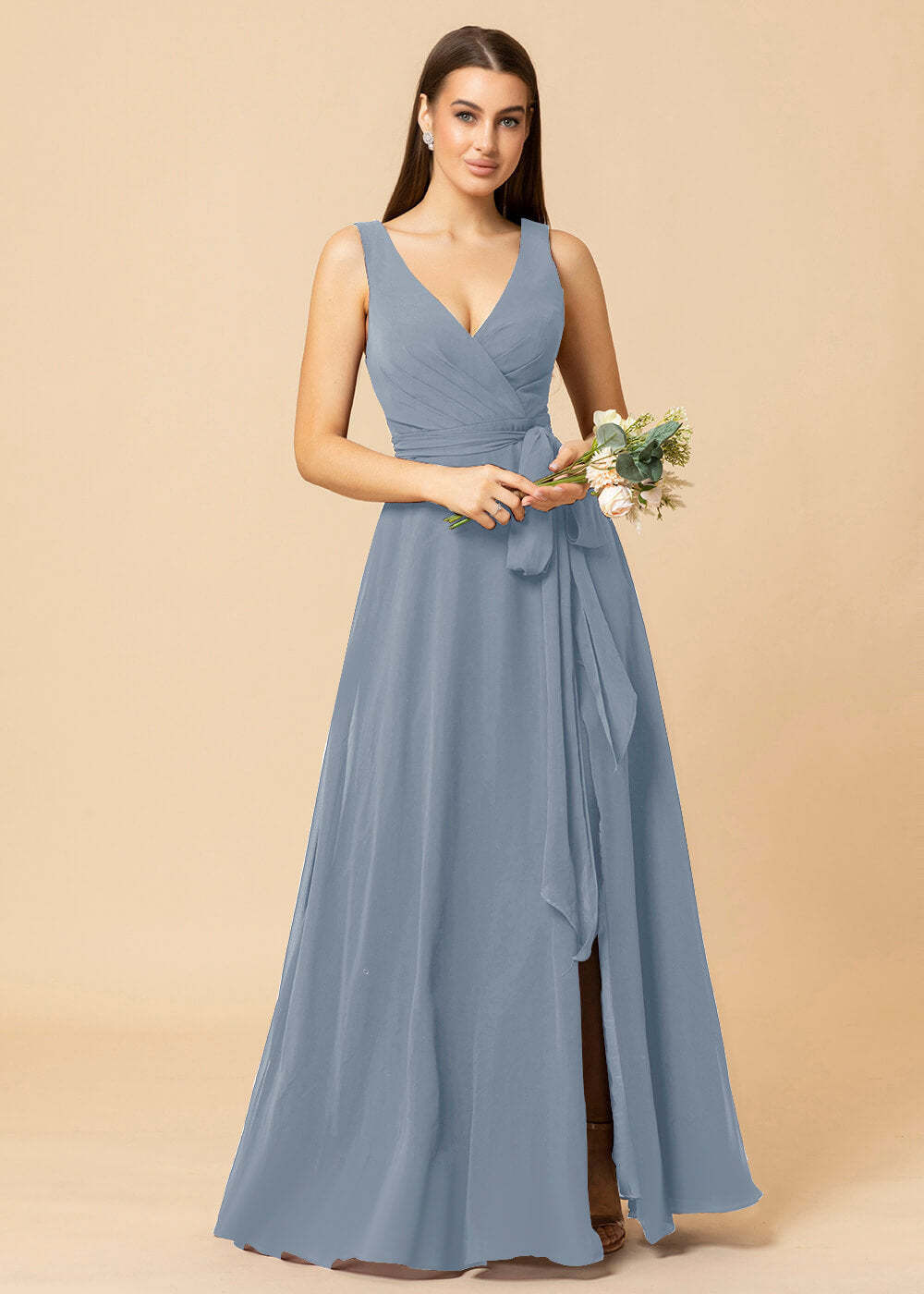 V-neck A-line Chiffon Bridesmaid Dress with Slit