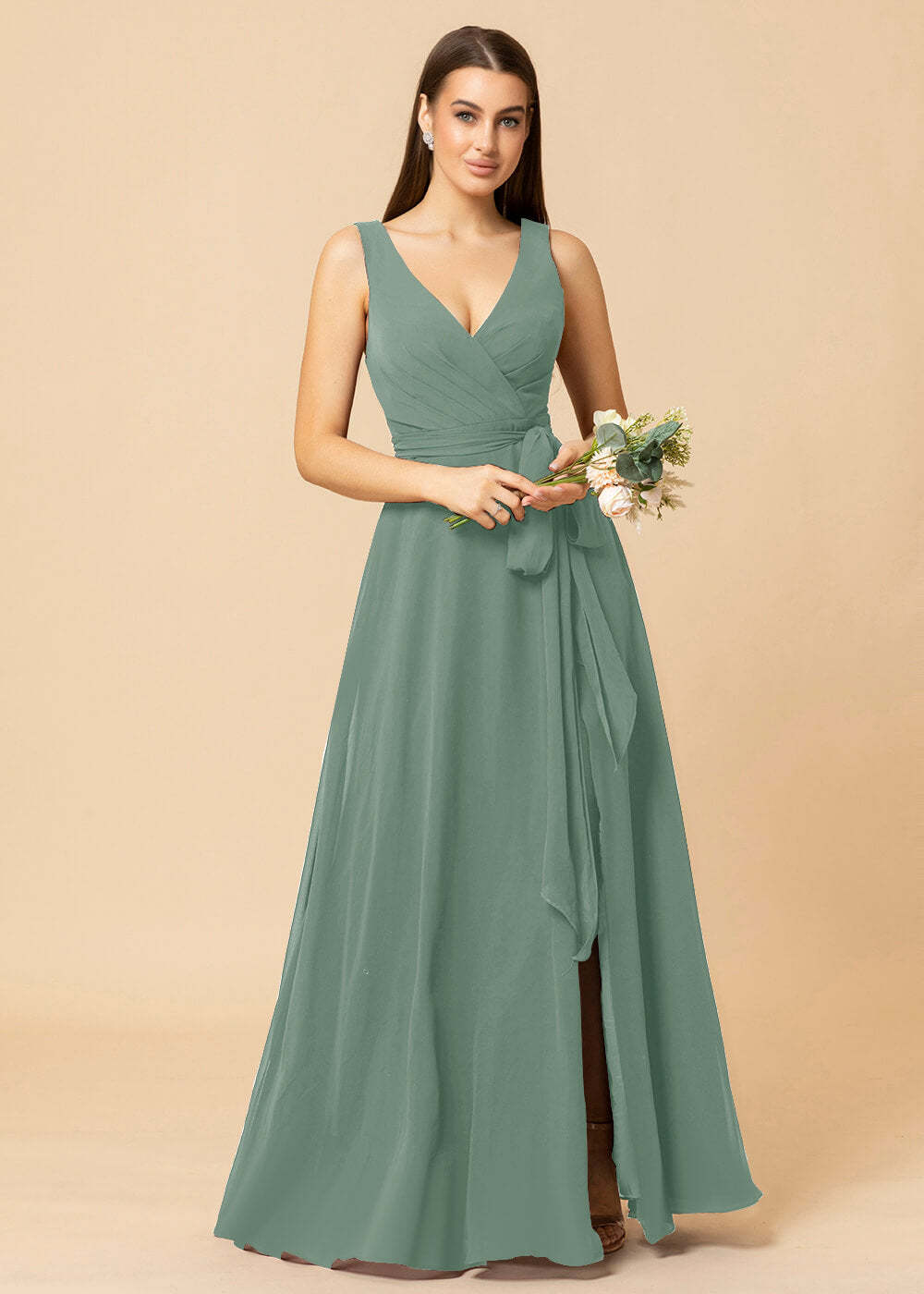 V-neck A-line Chiffon Bridesmaid Dress with Slit