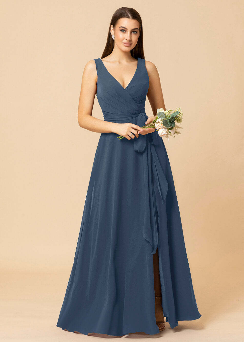V-neck A-line Chiffon Bridesmaid Dress with Slit
