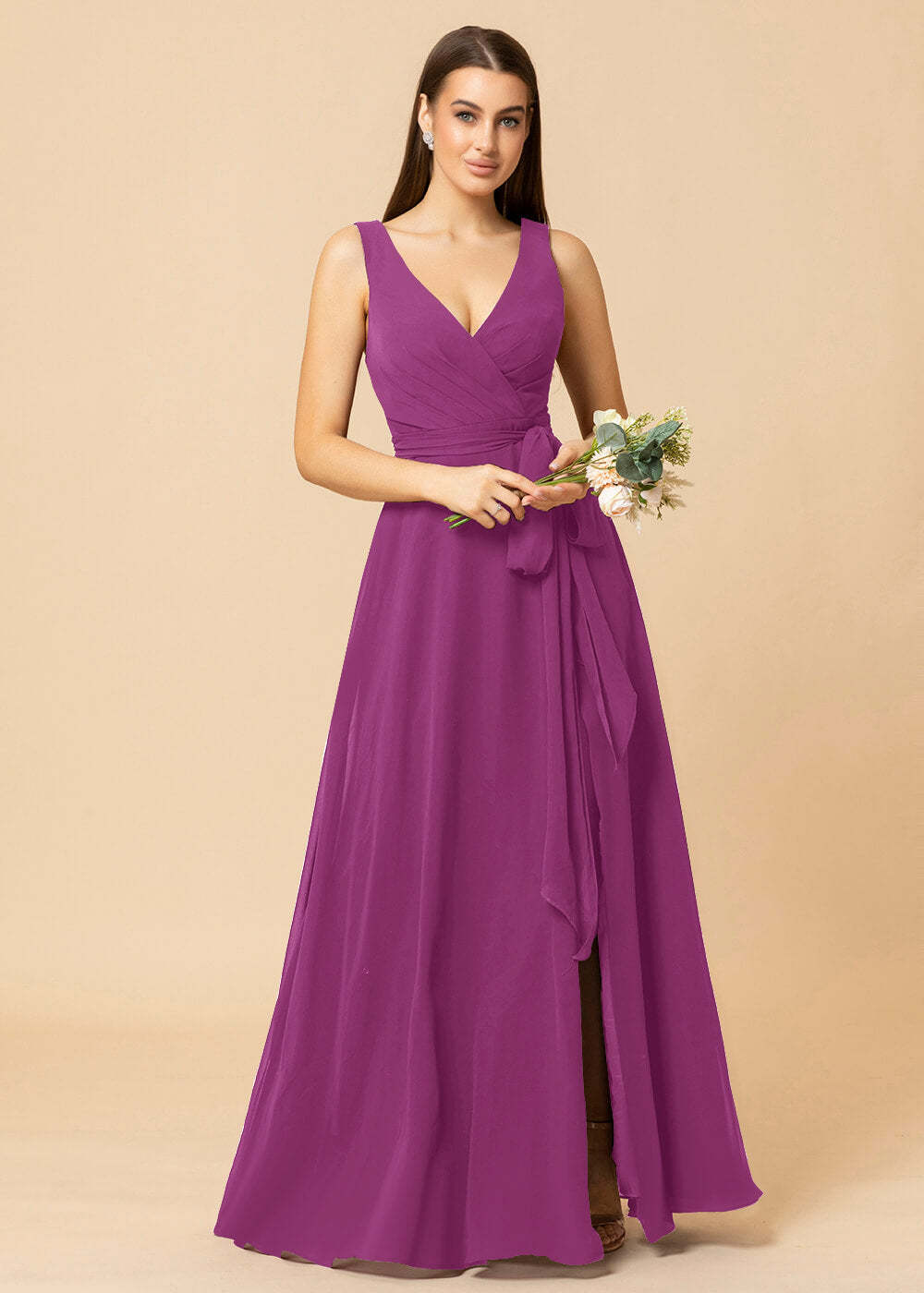 V-neck A-line Chiffon Bridesmaid Dress with Slit