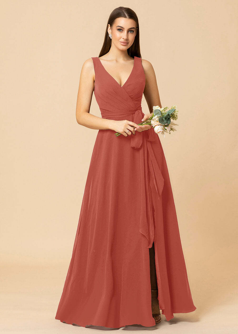 V-neck A-line Chiffon Bridesmaid Dress with Slit