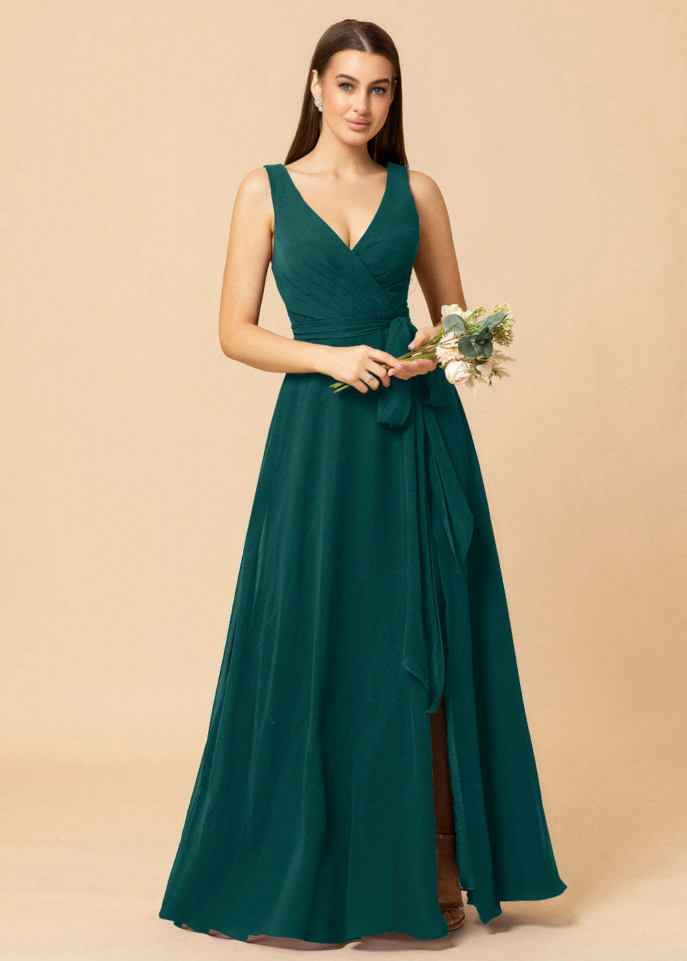 V-neck A-line Chiffon Bridesmaid Dress with Slit