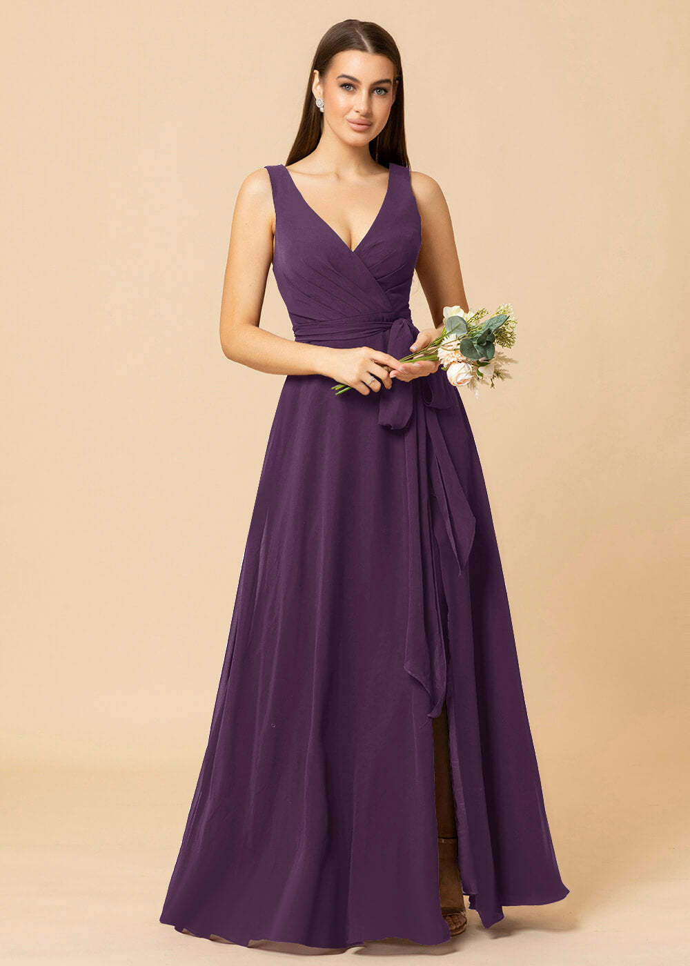 V-neck A-line Chiffon Bridesmaid Dress with Slit
