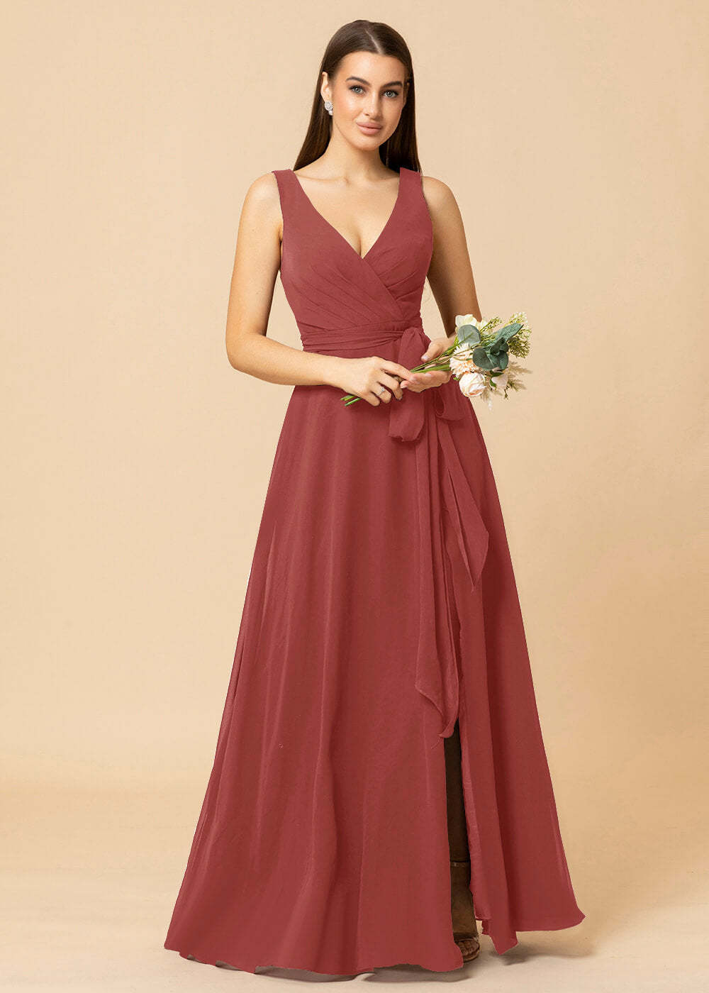 V-neck A-line Chiffon Bridesmaid Dress with Slit