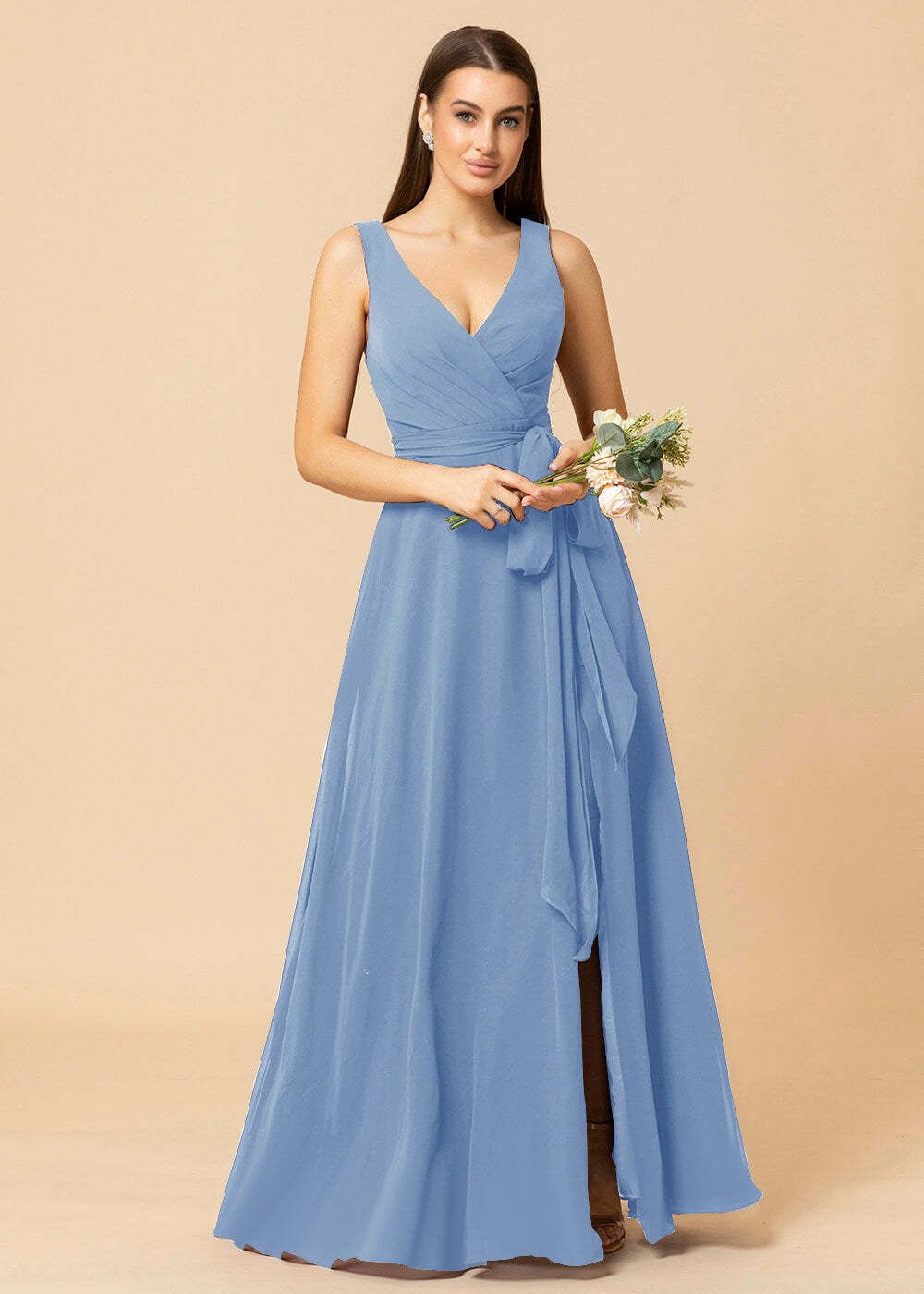 V-neck A-line Chiffon Bridesmaid Dress with Slit