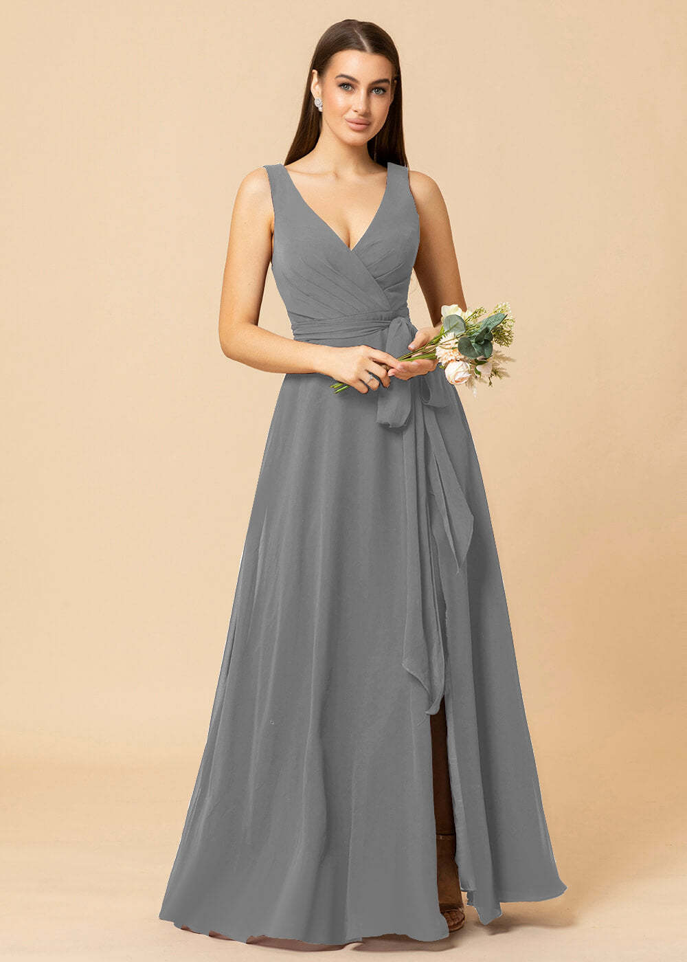 V-neck A-line Chiffon Bridesmaid Dress with Slit