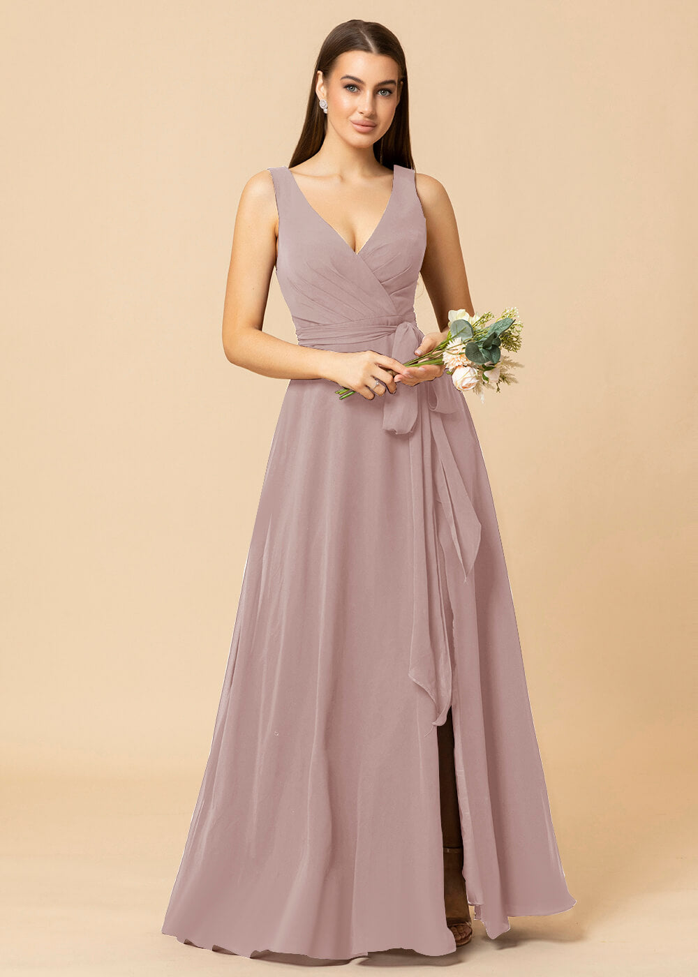 V-neck A-line Chiffon Bridesmaid Dress with Slit