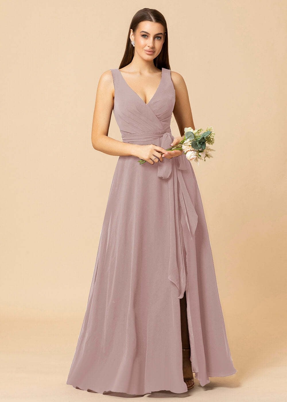 V-neck A-line Chiffon Bridesmaid Dress with Slit