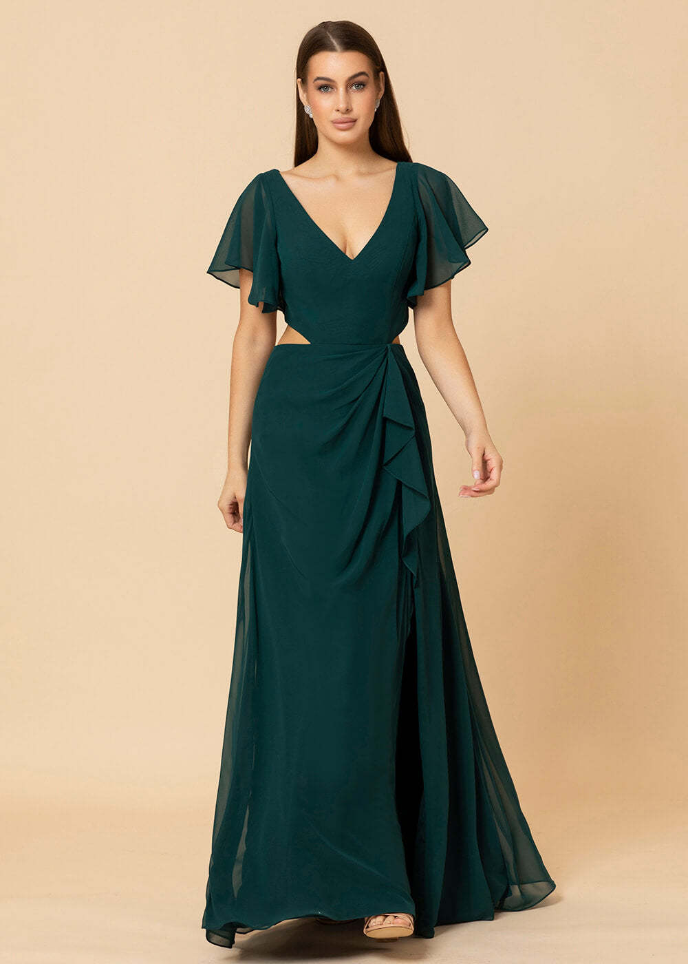 V-neck Waist Cut Out Floor Length Chiffon Bridesmaid Dress With Ruffles