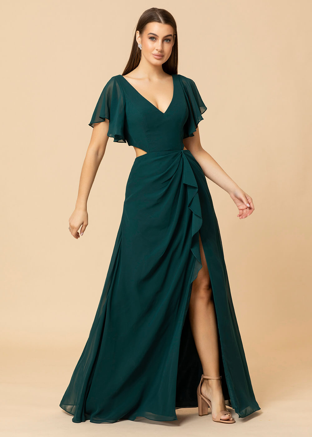 V-neck Waist Cut Out  Floor Length Bridesmaid Dress