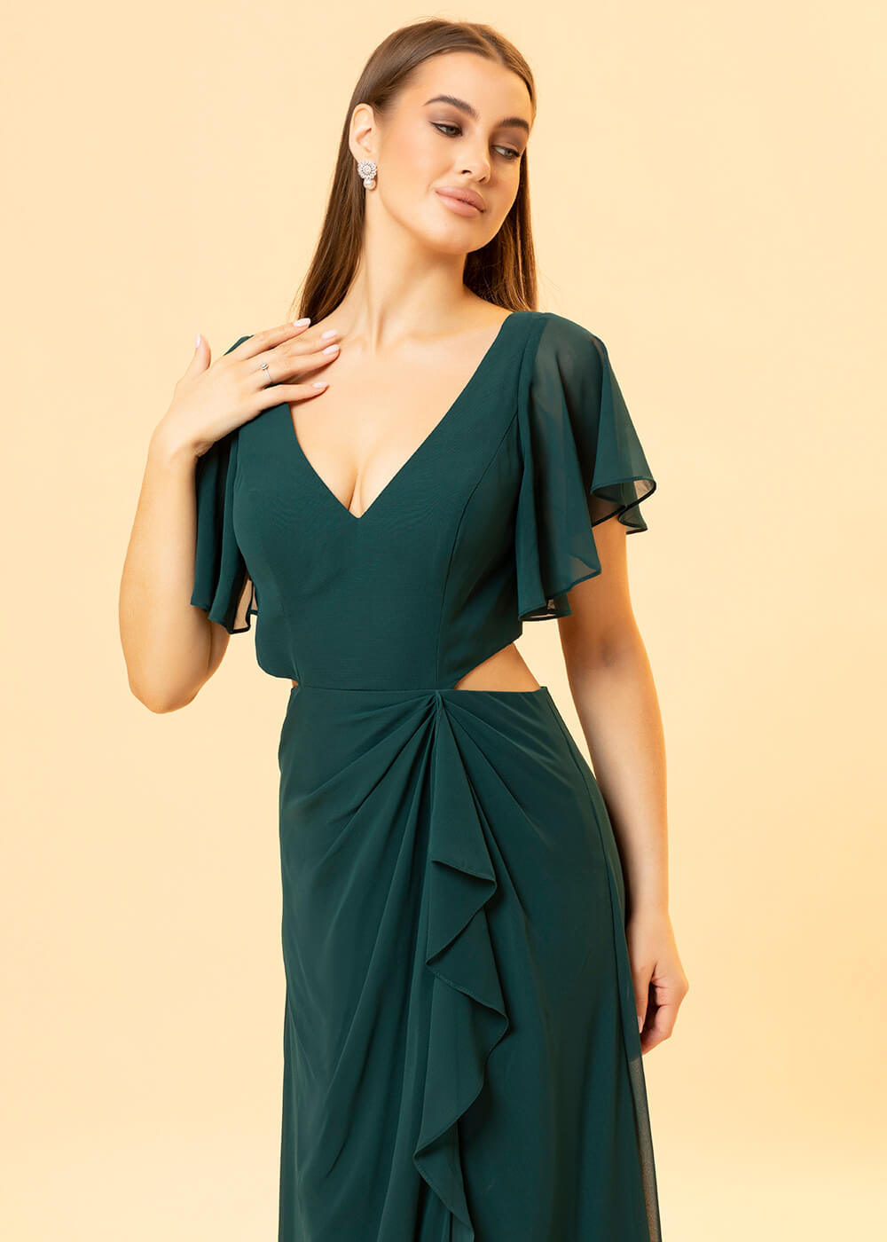 V-neck Waist Cut Out  Floor Length Bridesmaid Dress